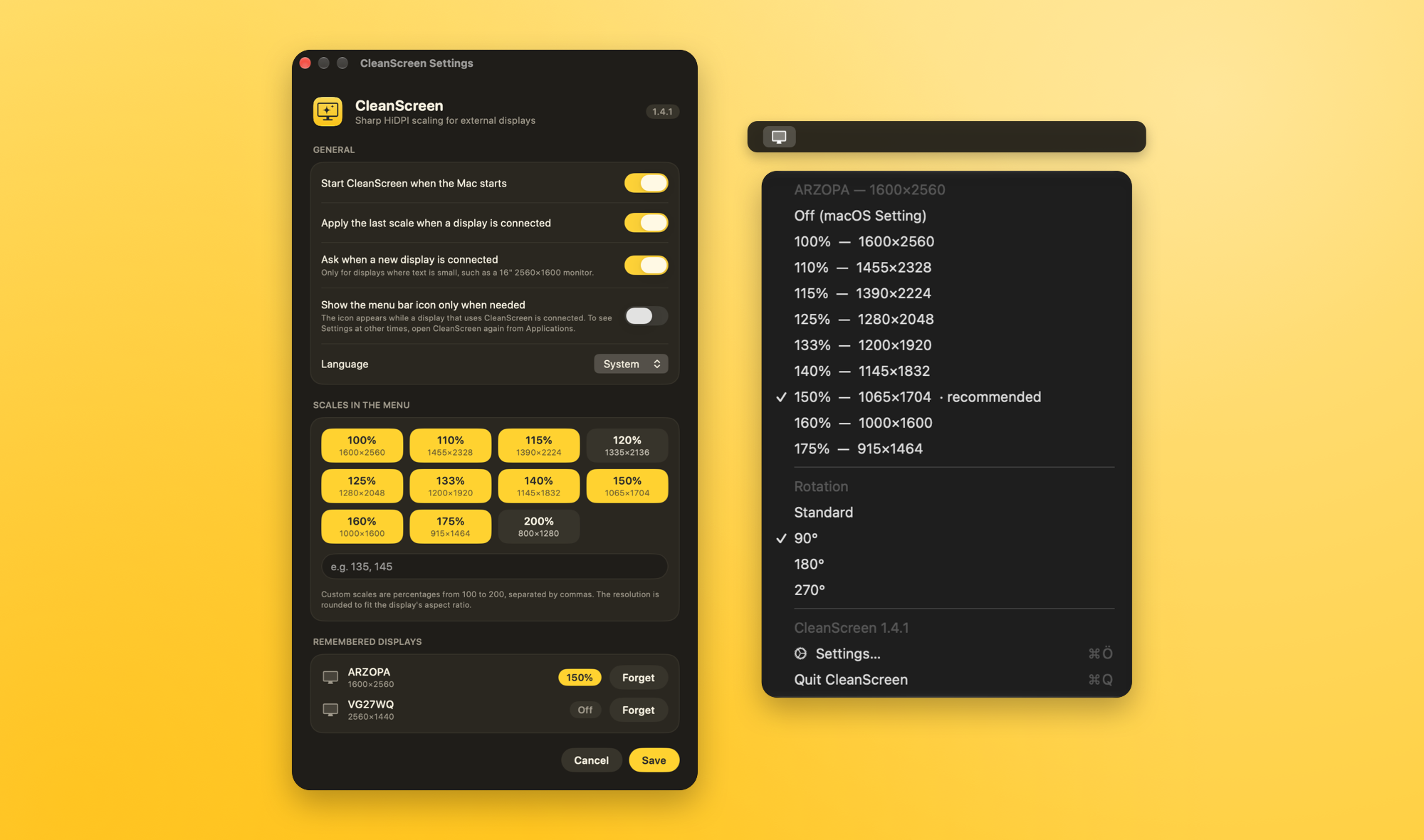 The CleanScreen Settings window and menu