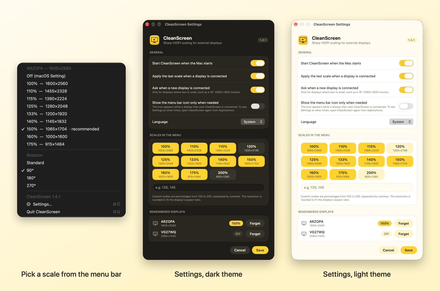 The menu, and Settings in the dark and light themes